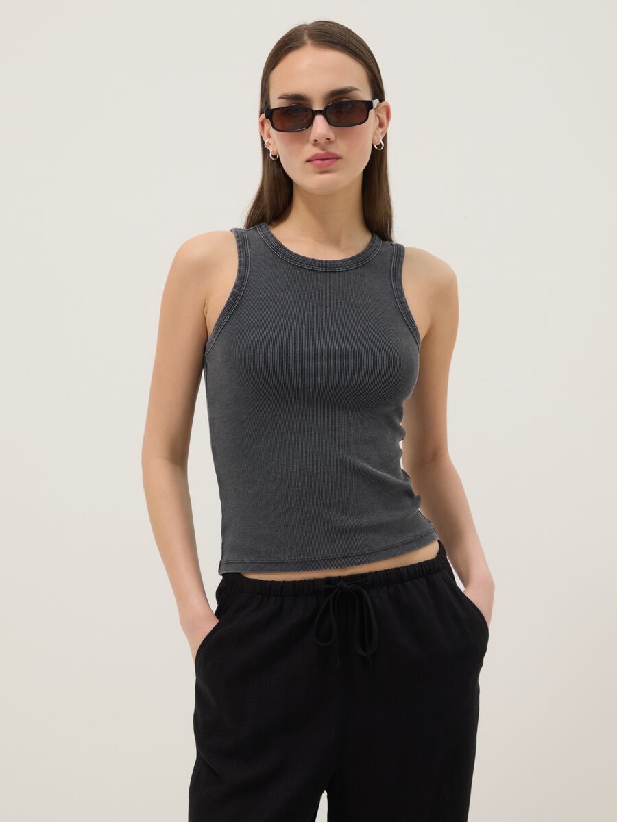 Grey ribbed stretch-cotton fitted tank top_1