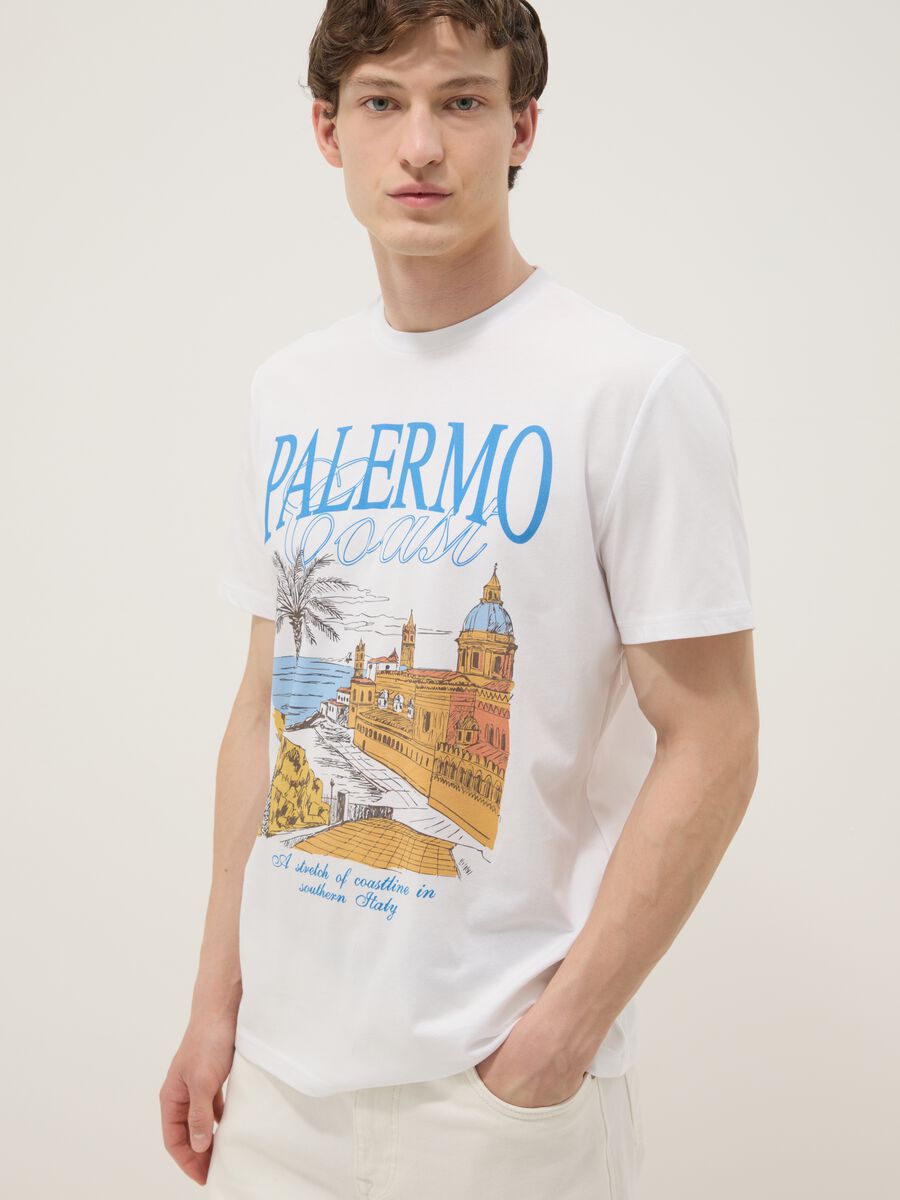 White pure cotton T-shirt with front print, regular fit_0