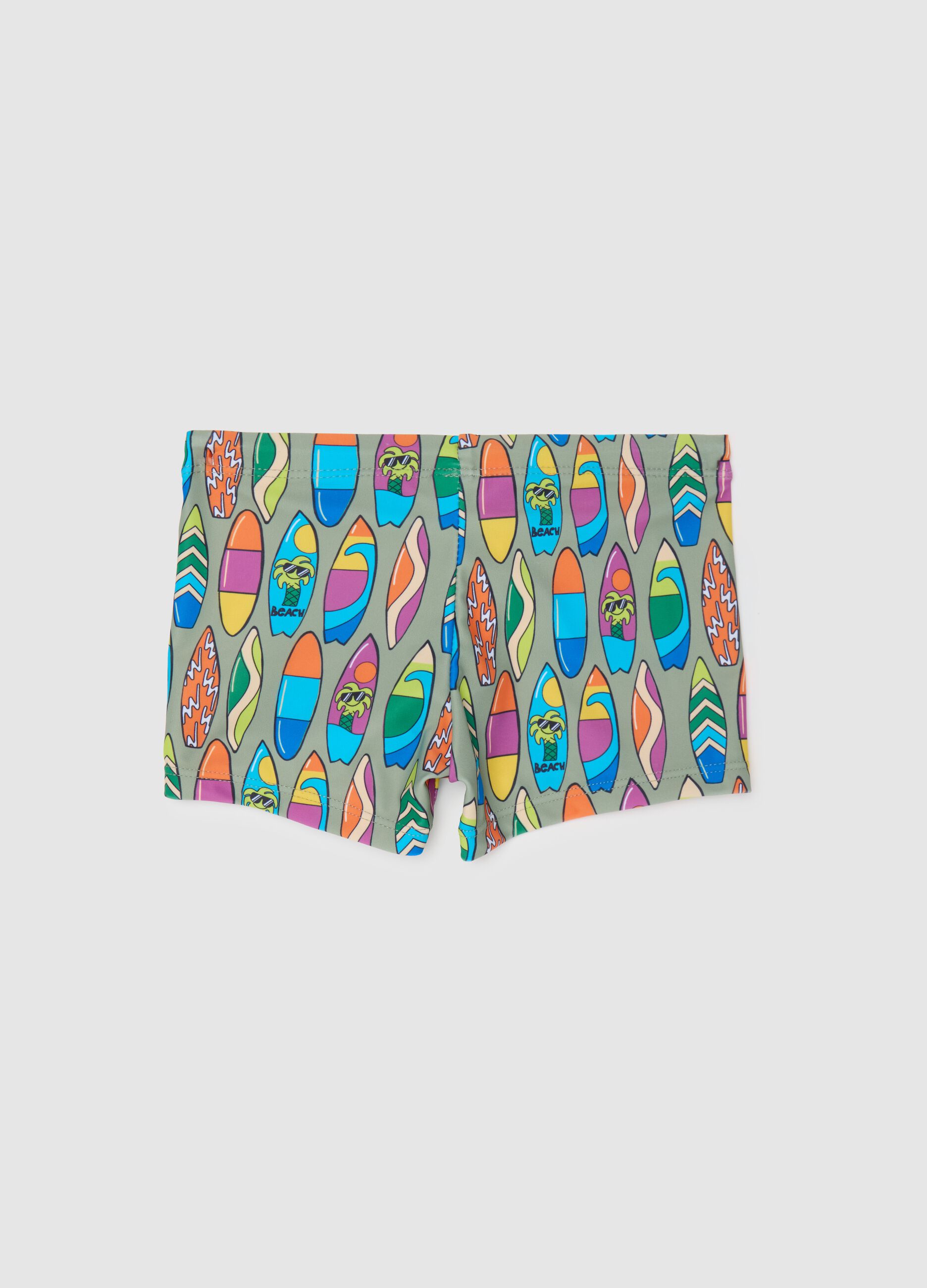 Boys’ swim briefs in multicoloured stretch fabric with print