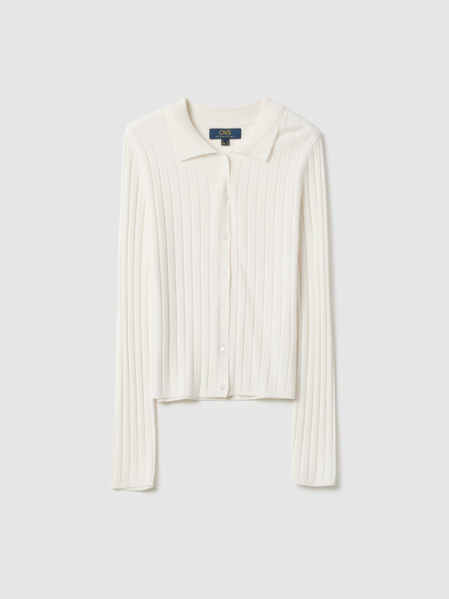 Cardigan bianco a coste slim fit con collo polo_4