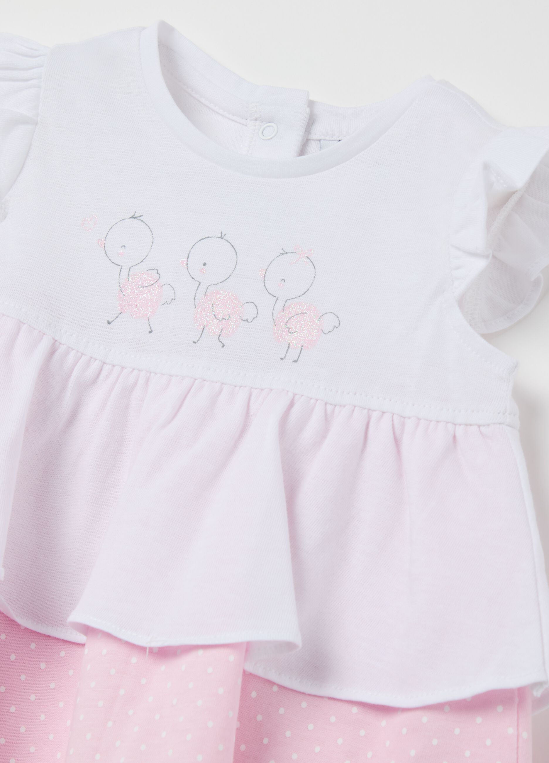 Pagliaccetto in cotone con volant e stampa glitter
