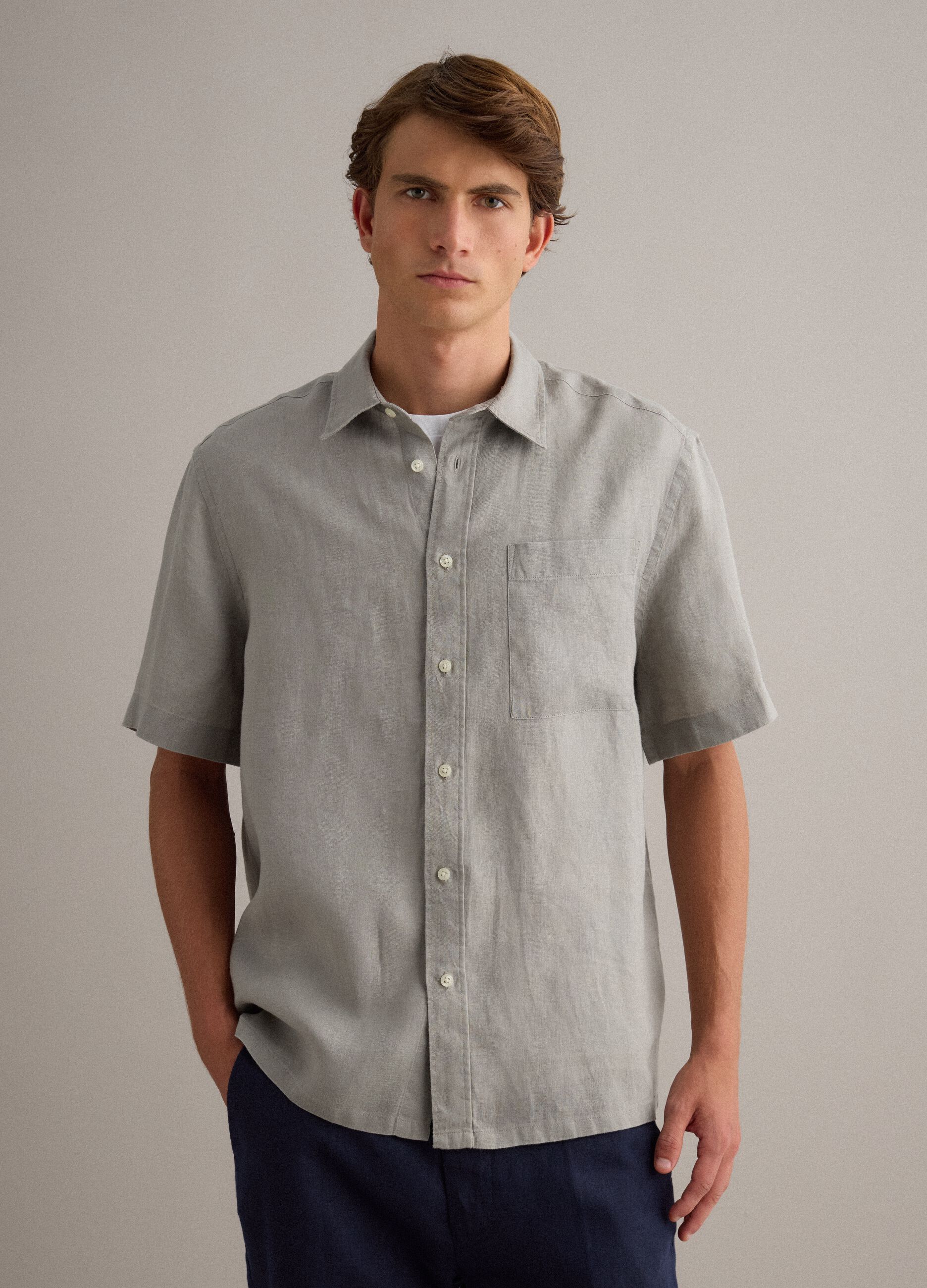 Grey pure linen shirt regular fit