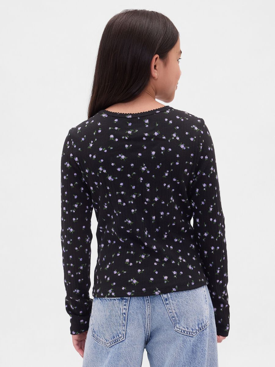 Long-sleeved black cotton shirt with floral print_1