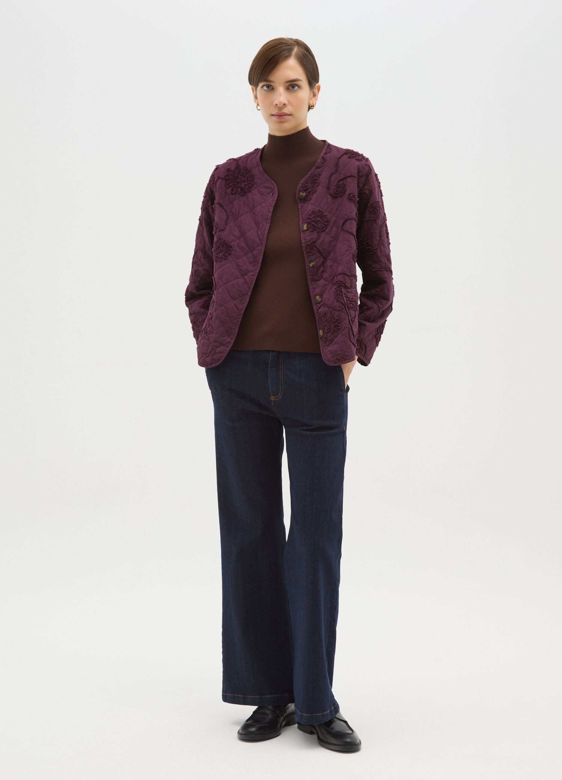 Purple embroidered jacket in pure cotton regular fit