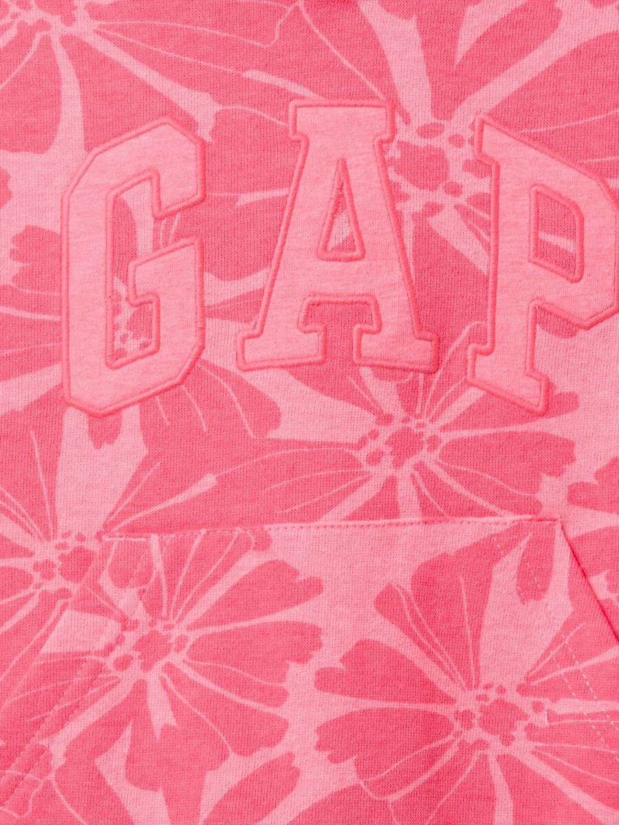 Pink sweatshirt in French terry with hood, flowers print and logo embroidery_2