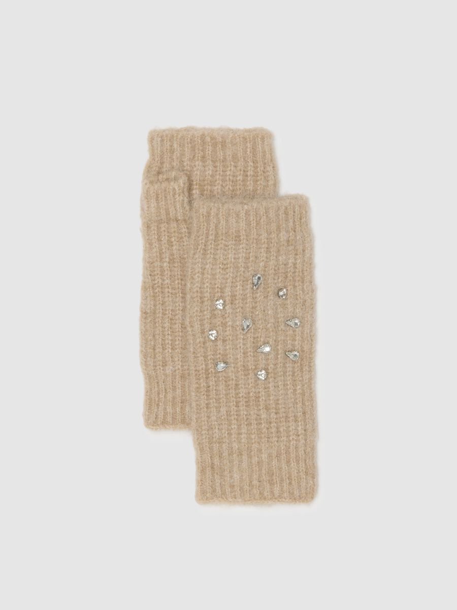 Beige Fingerless Gloves with Sparkles_0