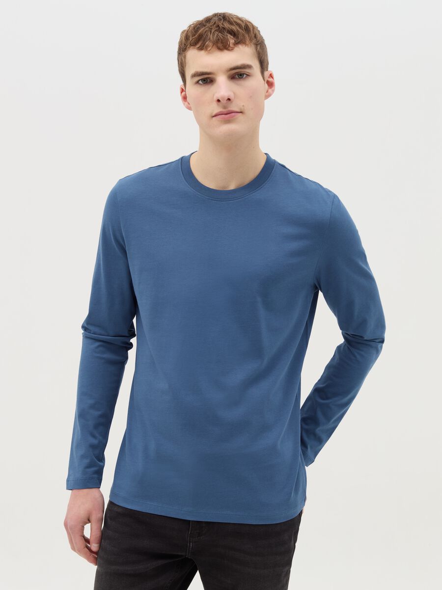 T-shirt with round neck and long sleeves in cotton_0