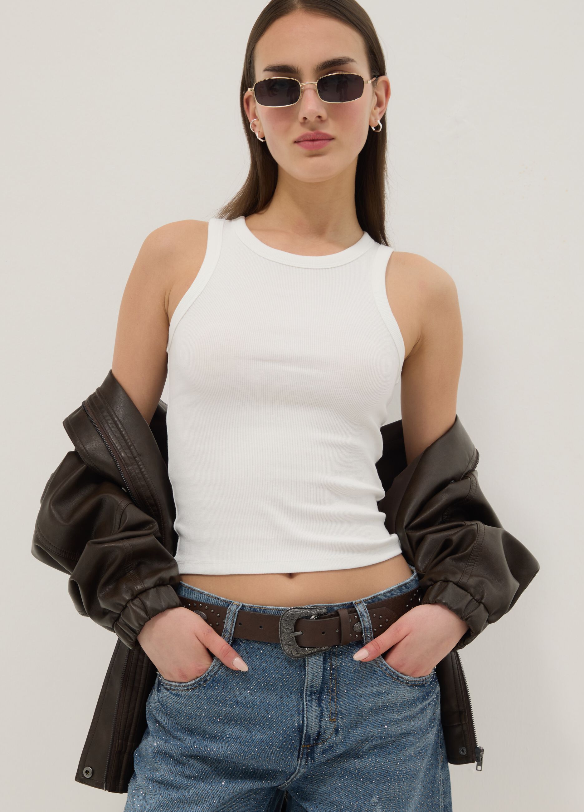 White ribbed fitted stretch-cotton tank top