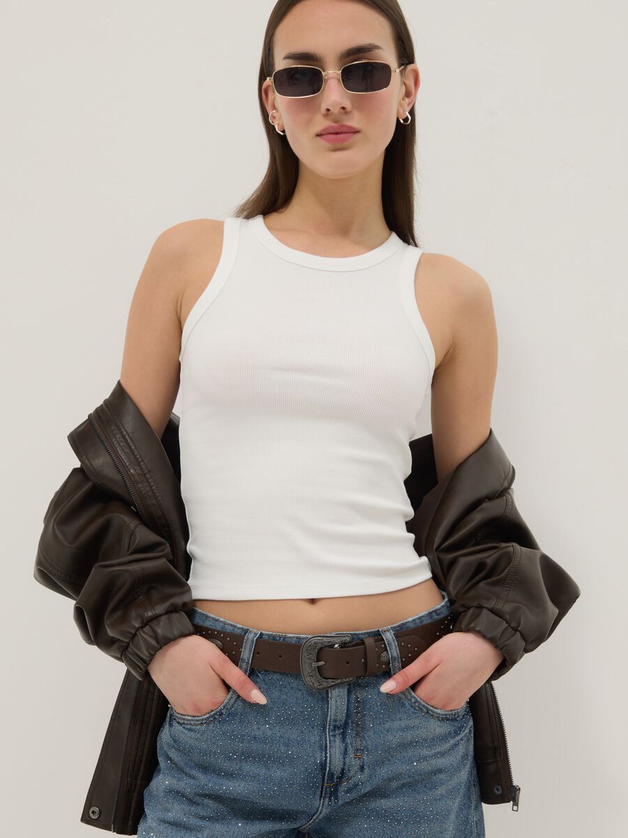 White ribbed fitted stretch-cotton tank top_0