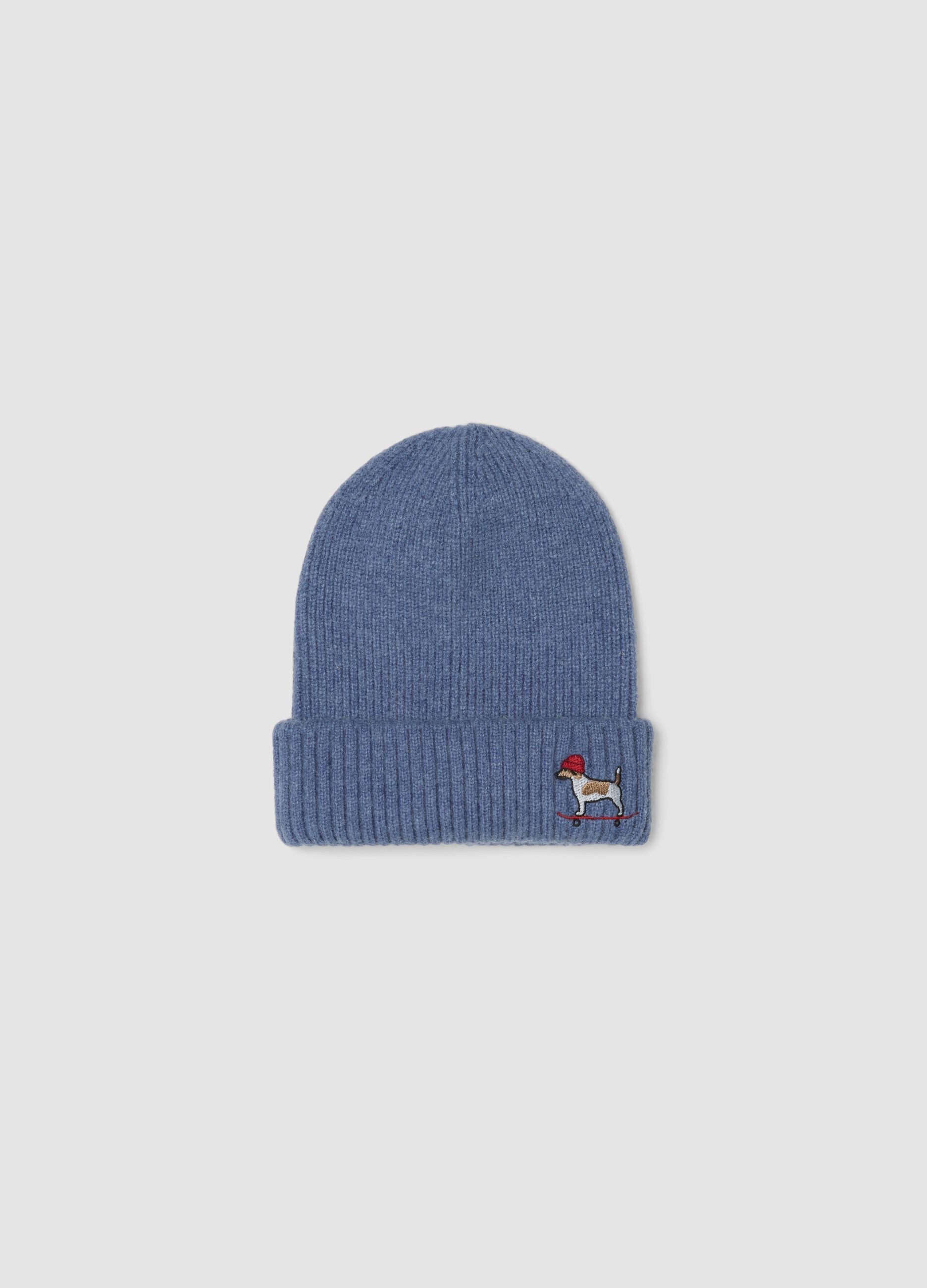 Blue ribbed knit beanie with turn-up cuff