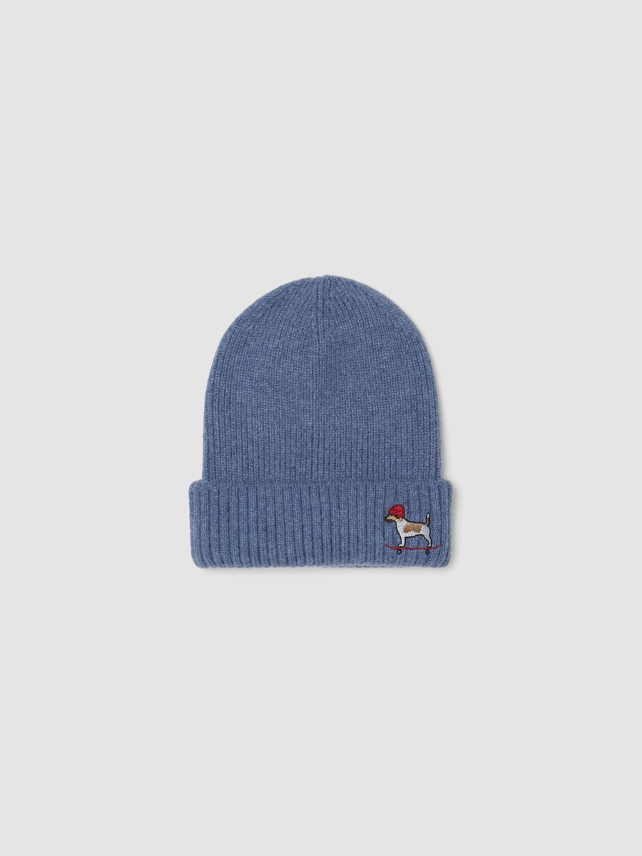 Cappello blu in maglia a costine con risvolto_0
