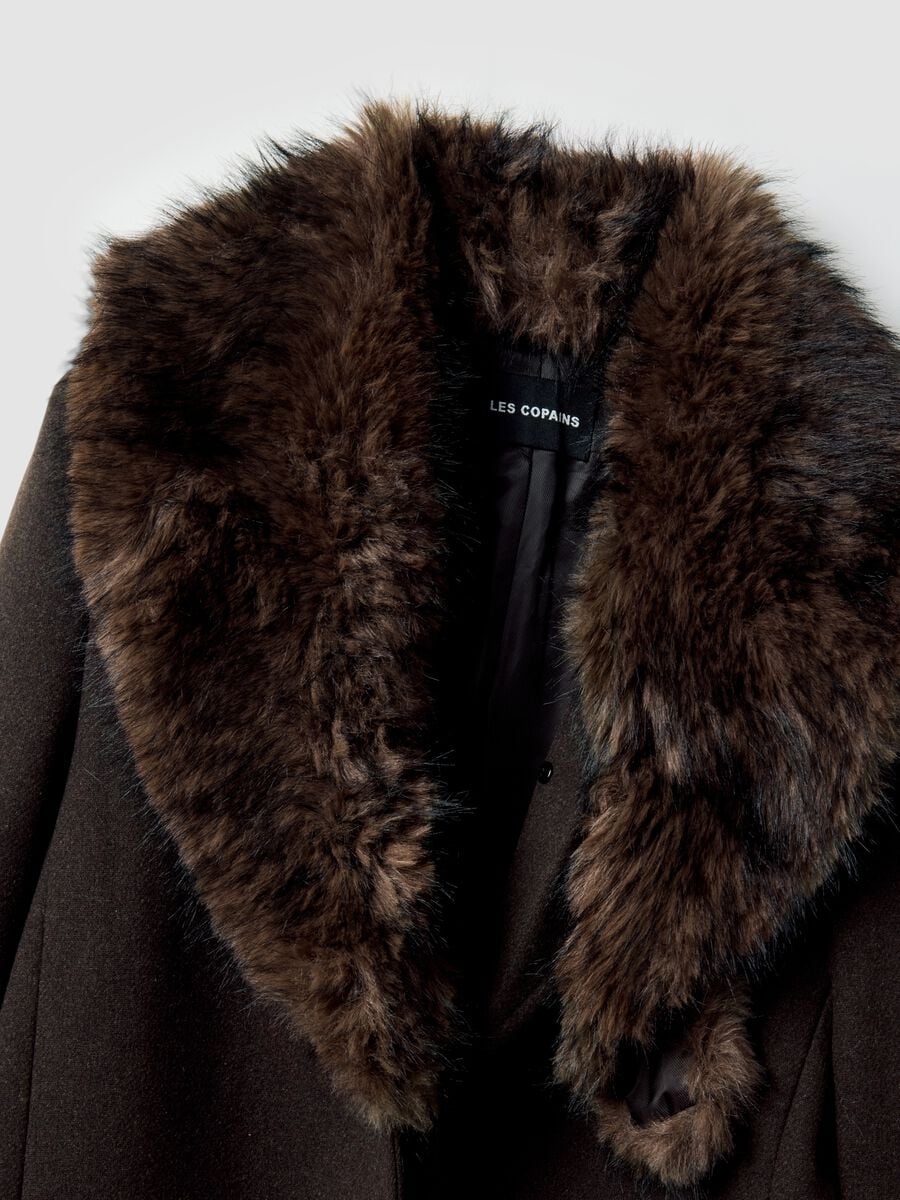 Cappotto marrone lungo in misto lana e viscosa con colletto a contrasto_5
