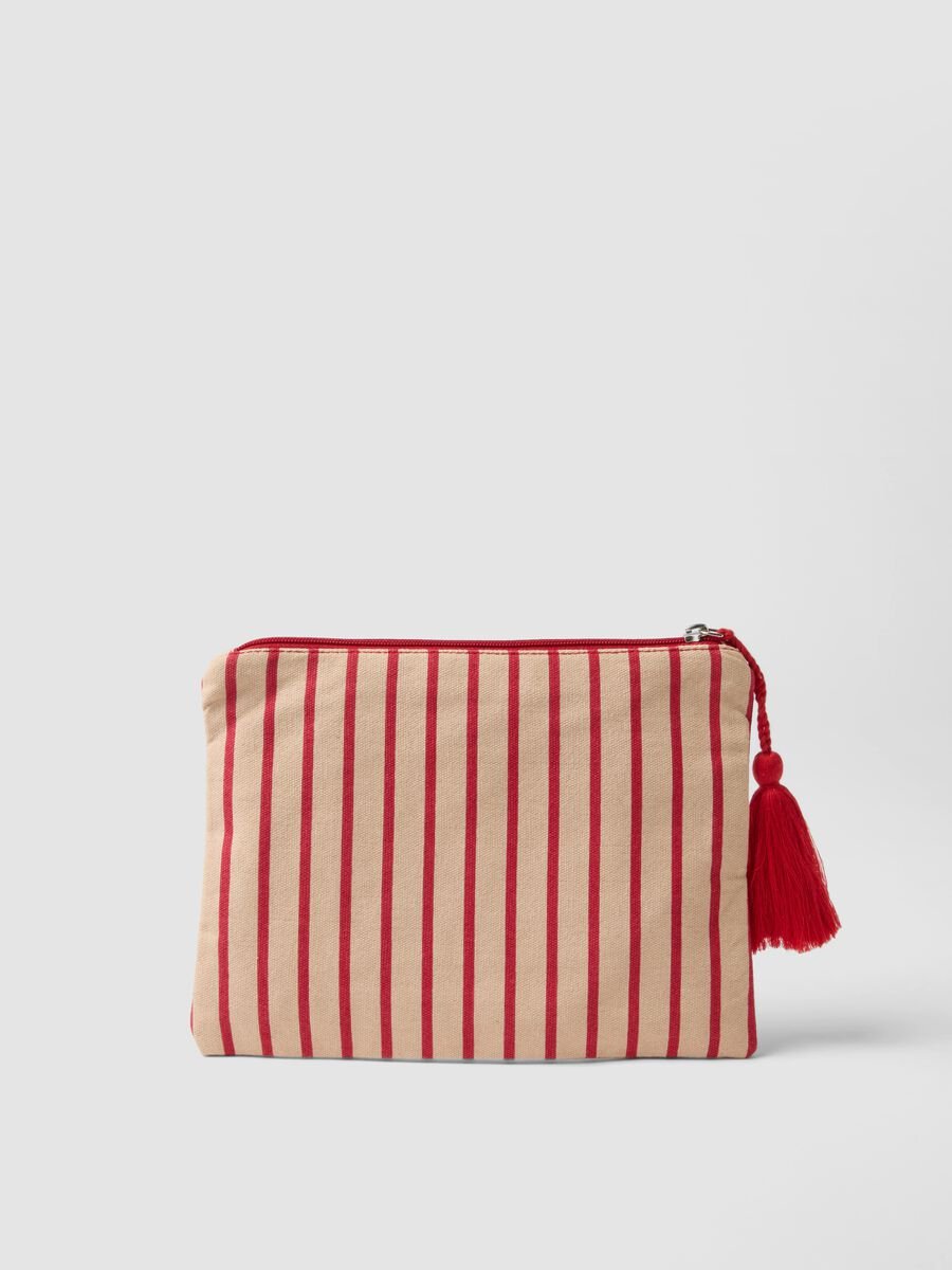 Beige pure cotton pouch with red stripes, tassel and zip_1