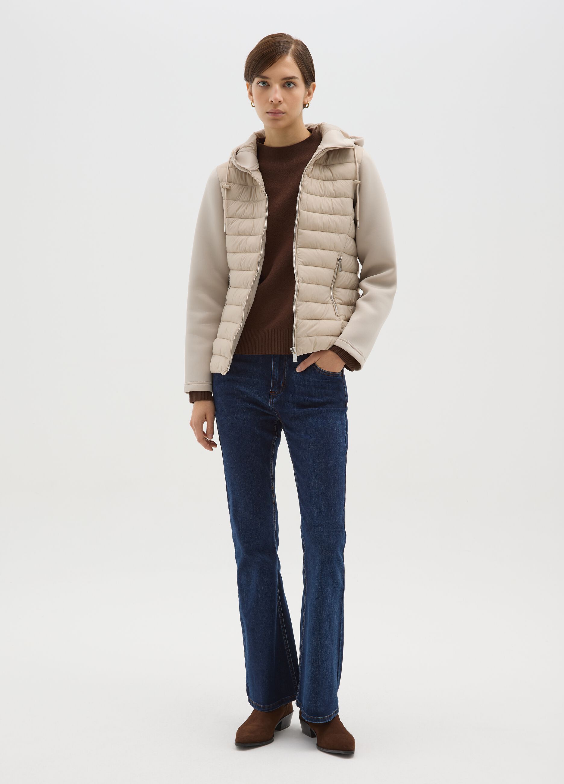 Beige padded jacket regular fit with hood and zip