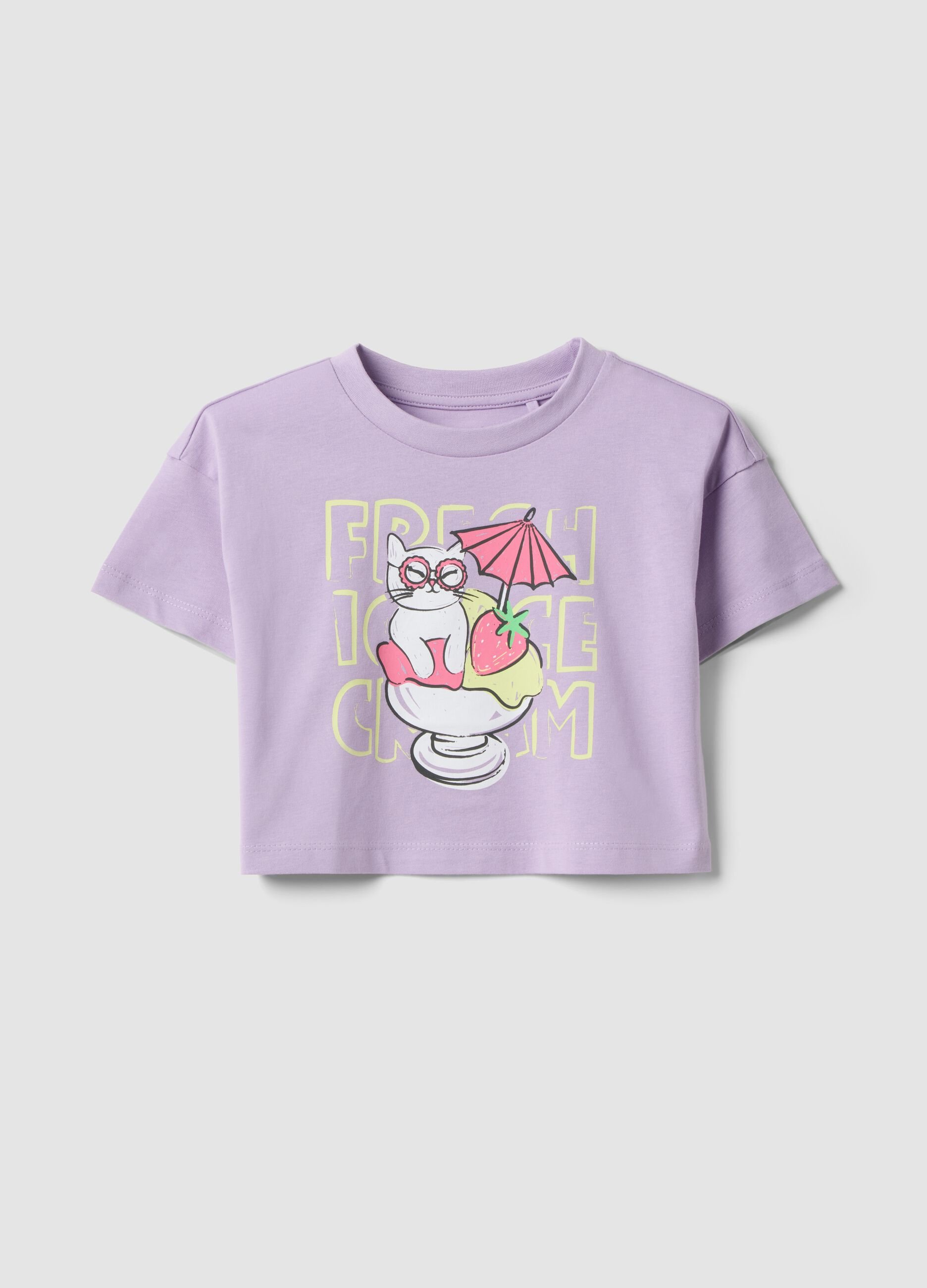 Purple pure cotton T-shirt for girls with strawberry print