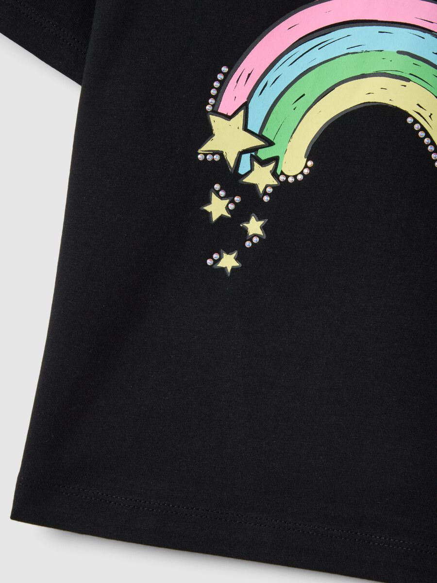 Girls' black regular fit pure cotton t-shirt with rainbow_3