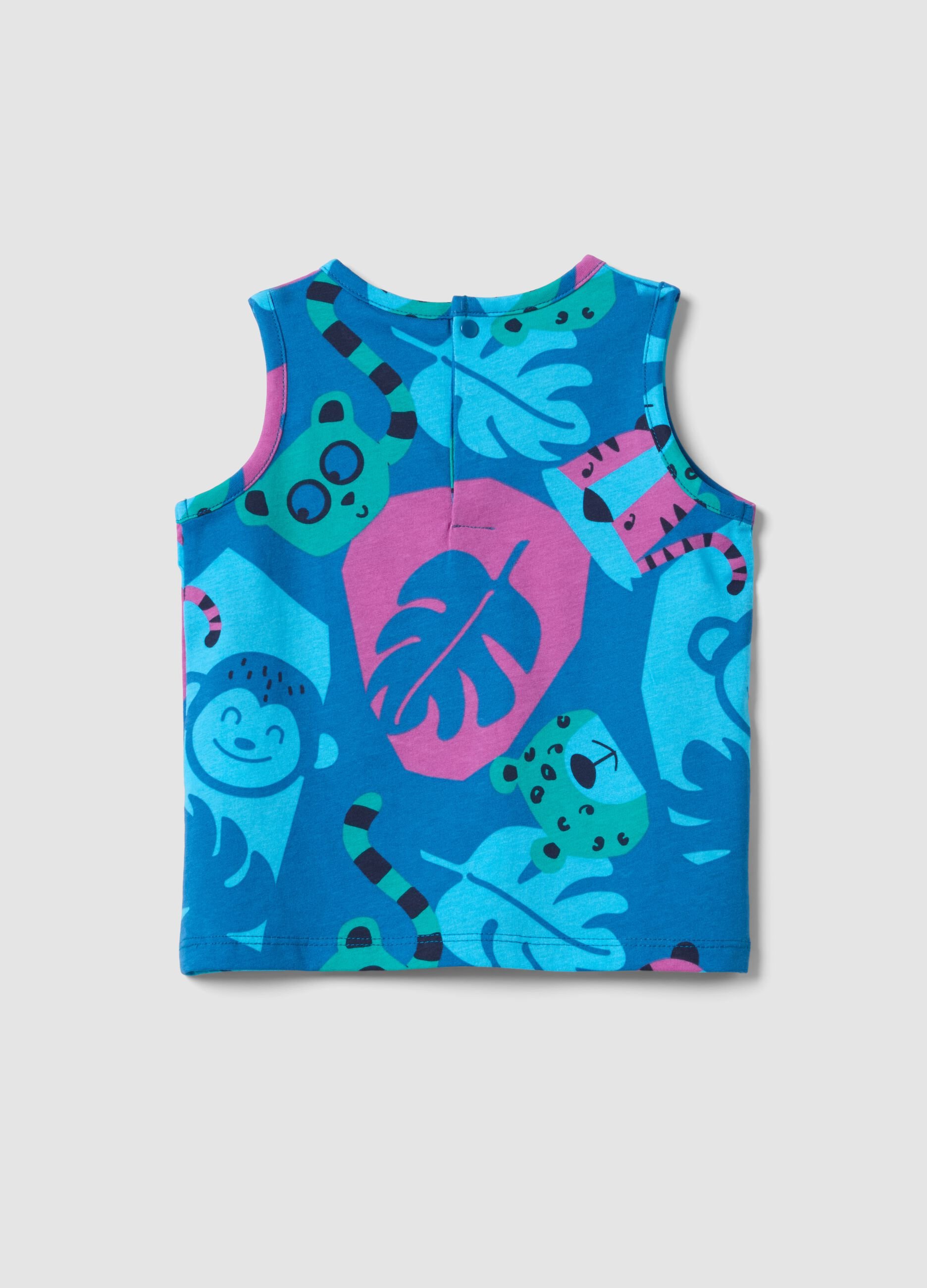 Blue organic cotton tank top with tropical print