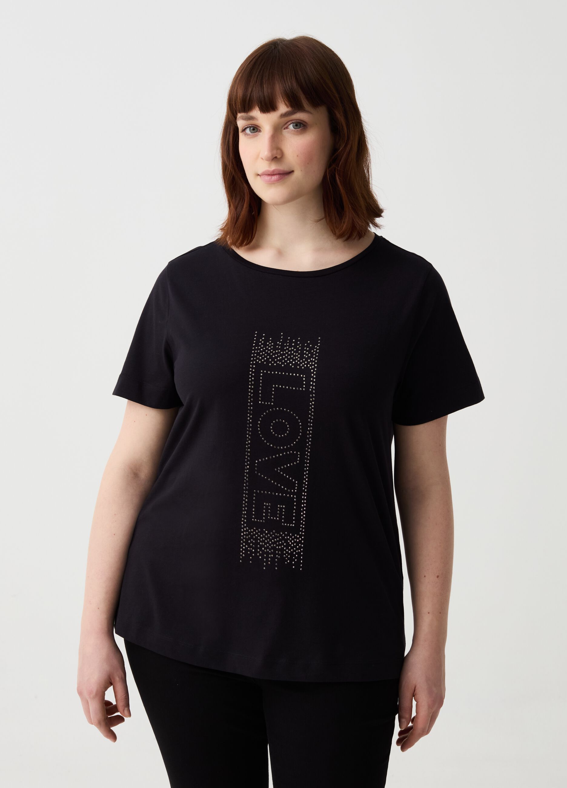 Curvy T-shirt with lettering and mini studs