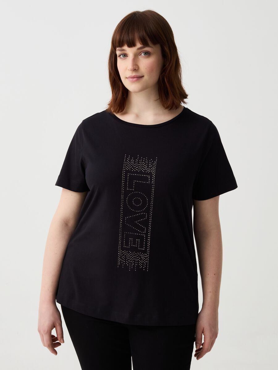 Curvy T-shirt with lettering and mini studs_0