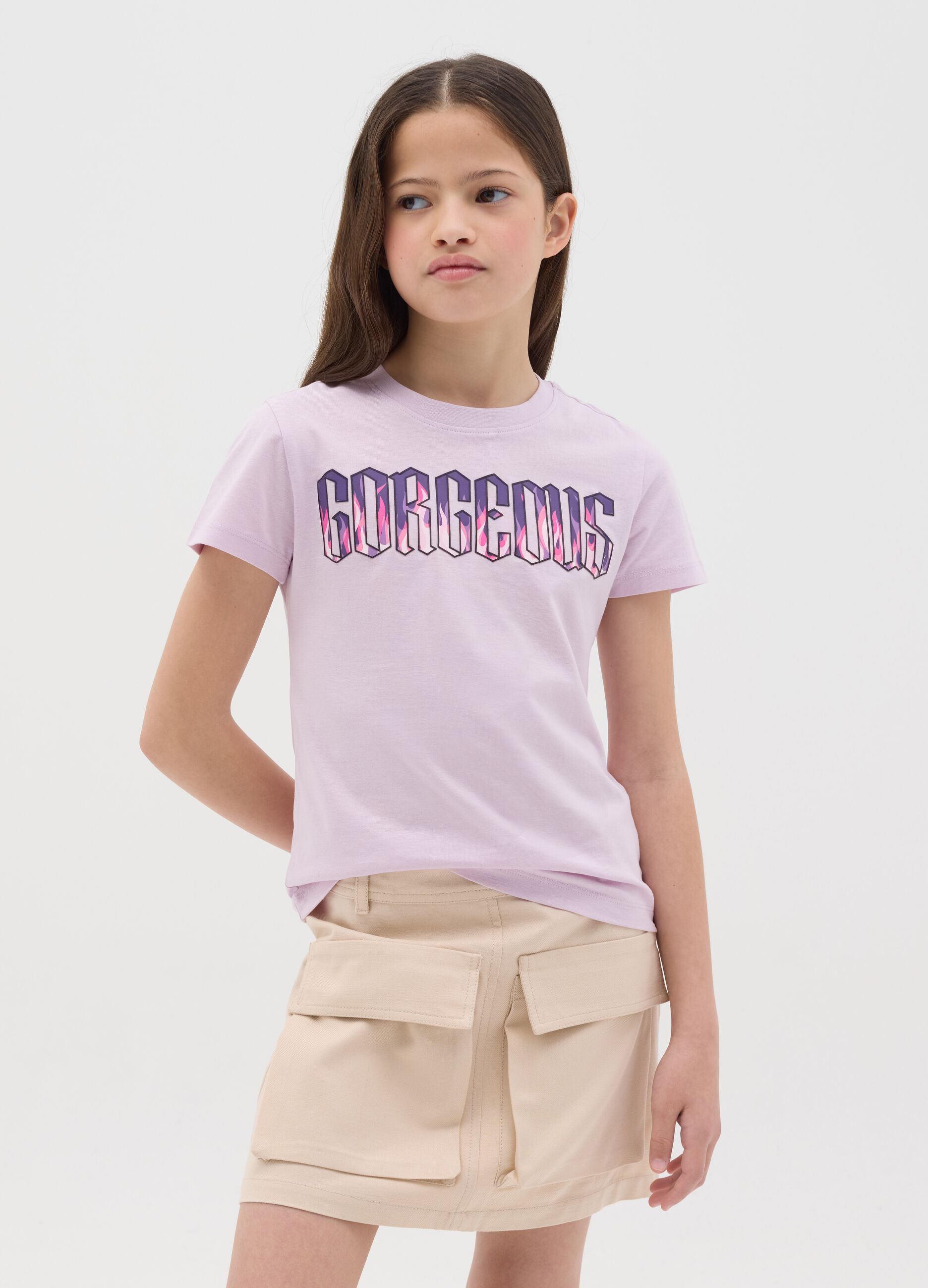 Cotton T-shirt with "Gorgeous" print