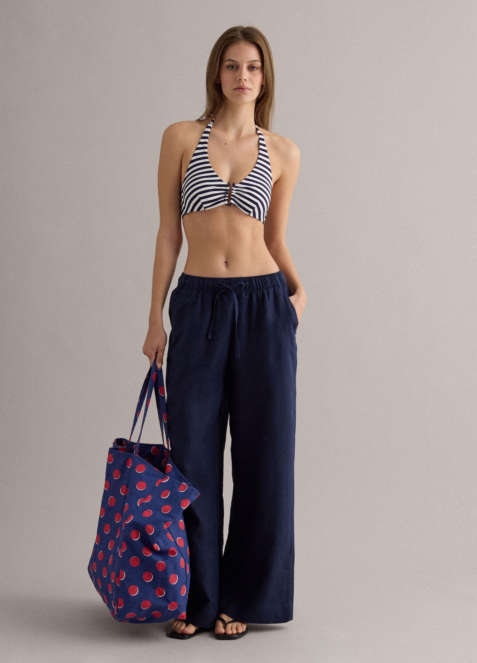 Blue pure cotton beach bag with red polka dots