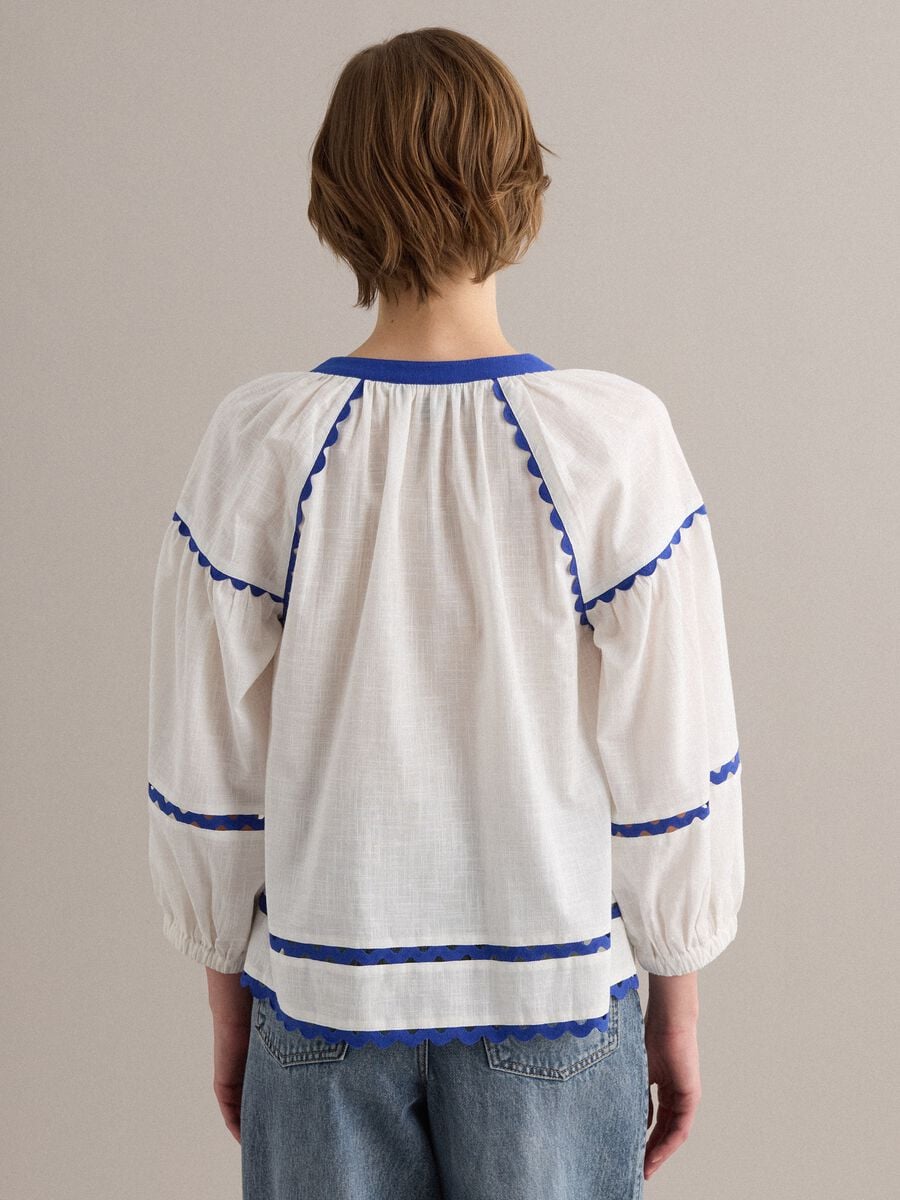 White pure cotton blouse with blue piping, regular fit_3