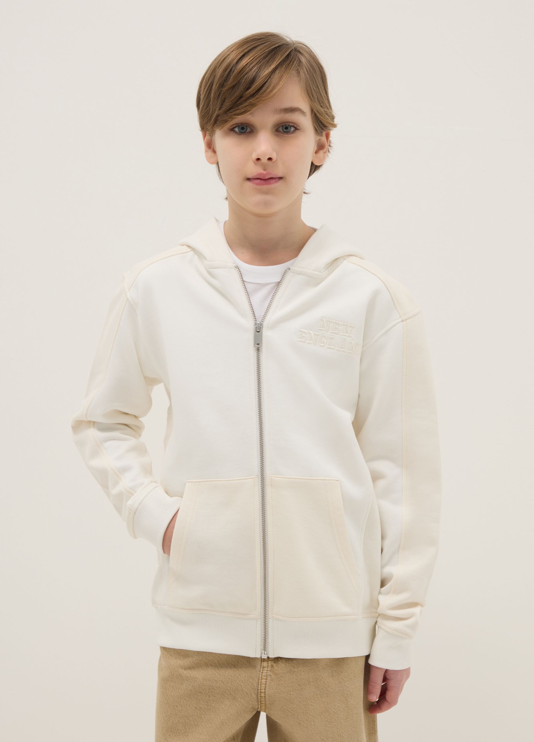 Boys' white pure cotton hoodie relaxed fit