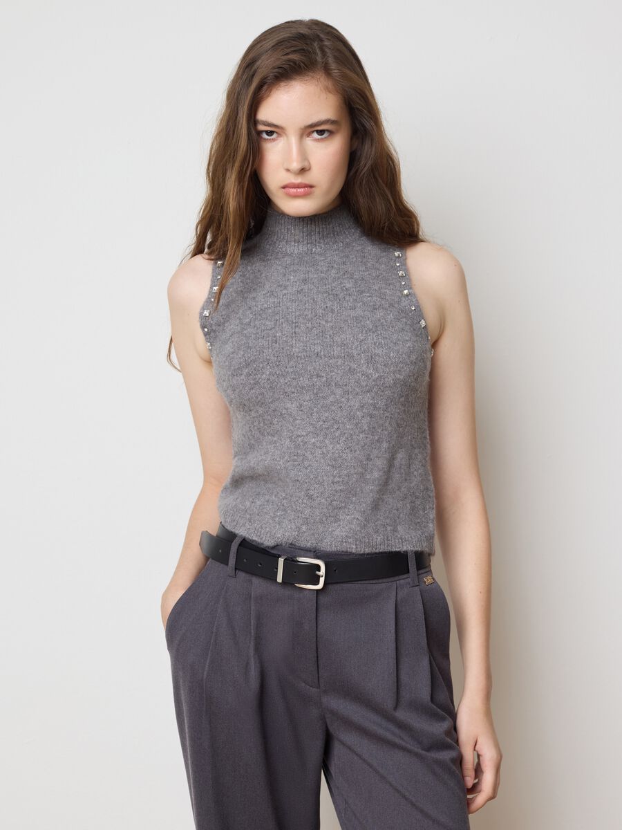 Grey regular fit sleeveless turtleneck top_0