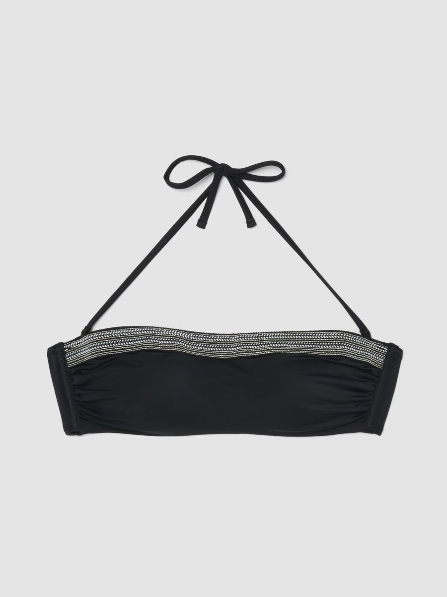 Top bikini a fascia in tessuto elasticizzato nero con perline_4