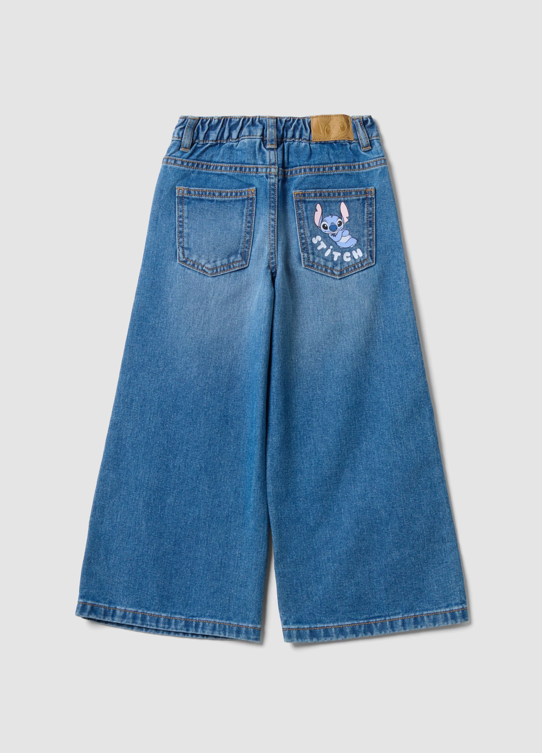 Blue pure cotton wide-leg denim jeans with Lilo & Stitch print for girls