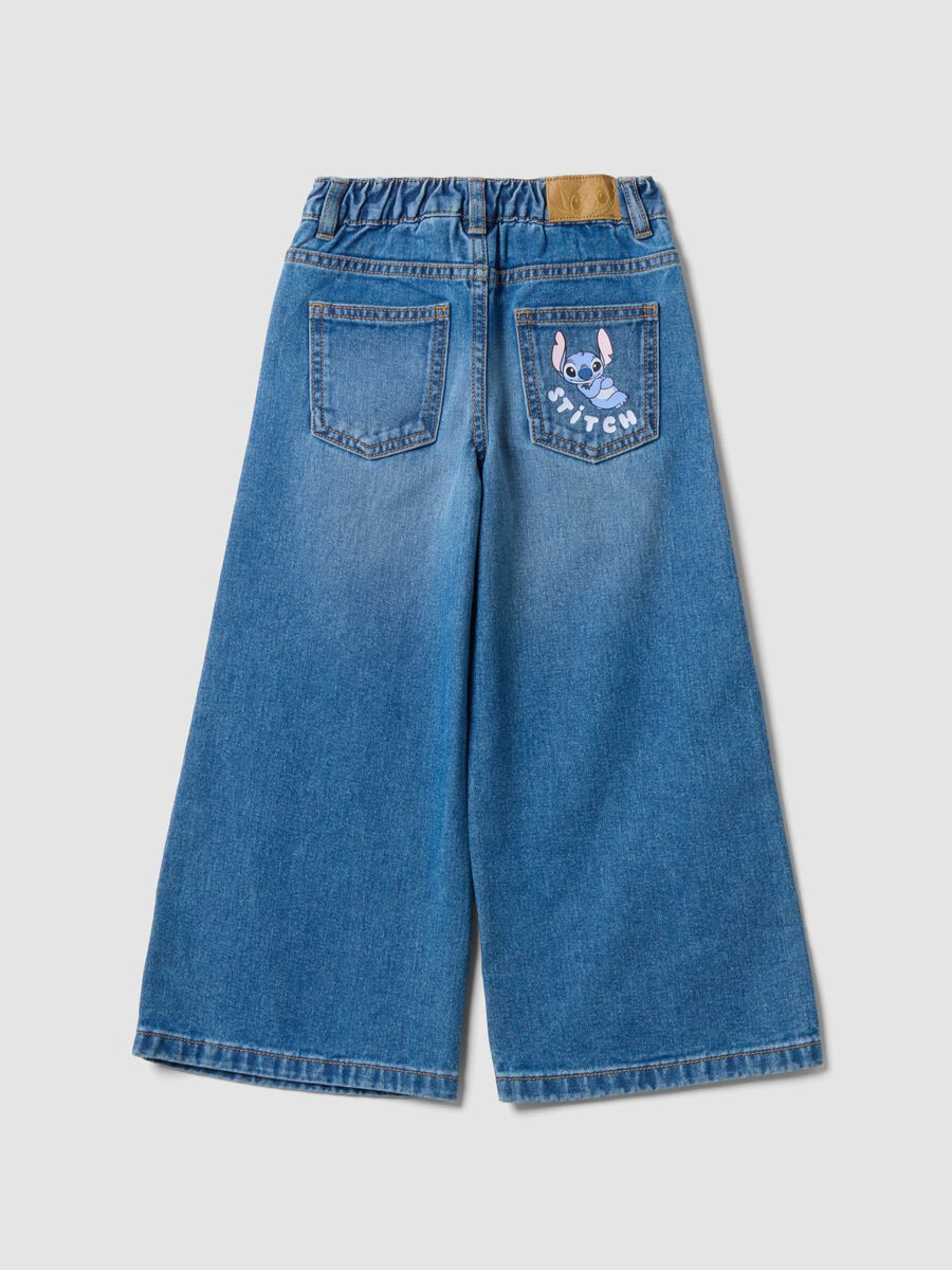 Blue pure cotton wide-leg denim jeans with Lilo & Stitch print for girls_1