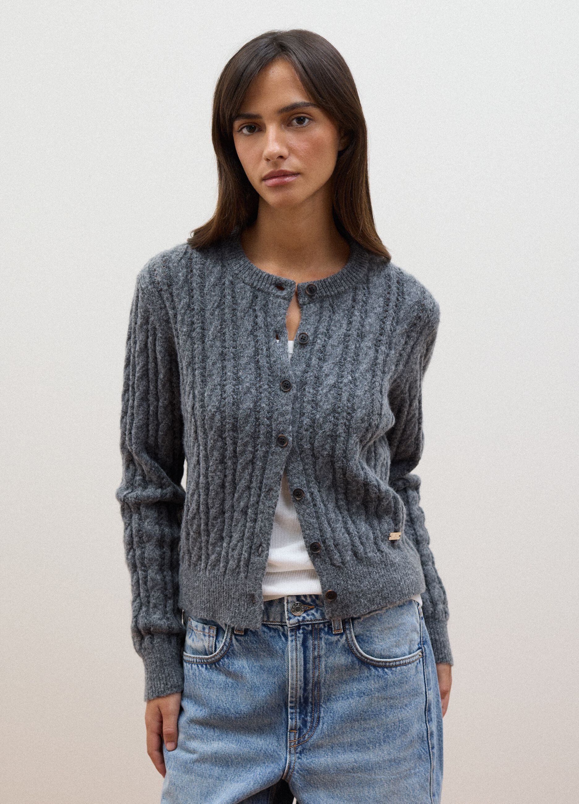 Grey wool-blend cable-knit cardigan