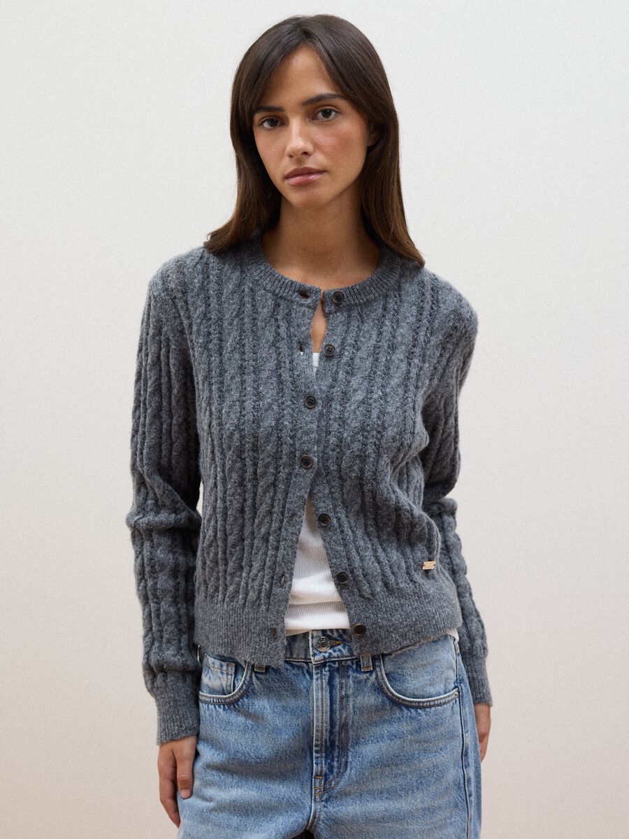 Grey wool-blend cable-knit cardigan_0