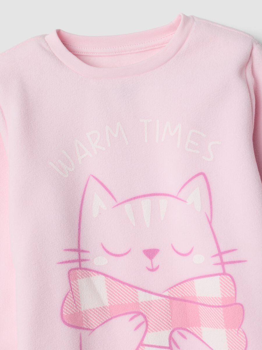 Pink crew-neck pyjamas with cat print and checked trousers_2