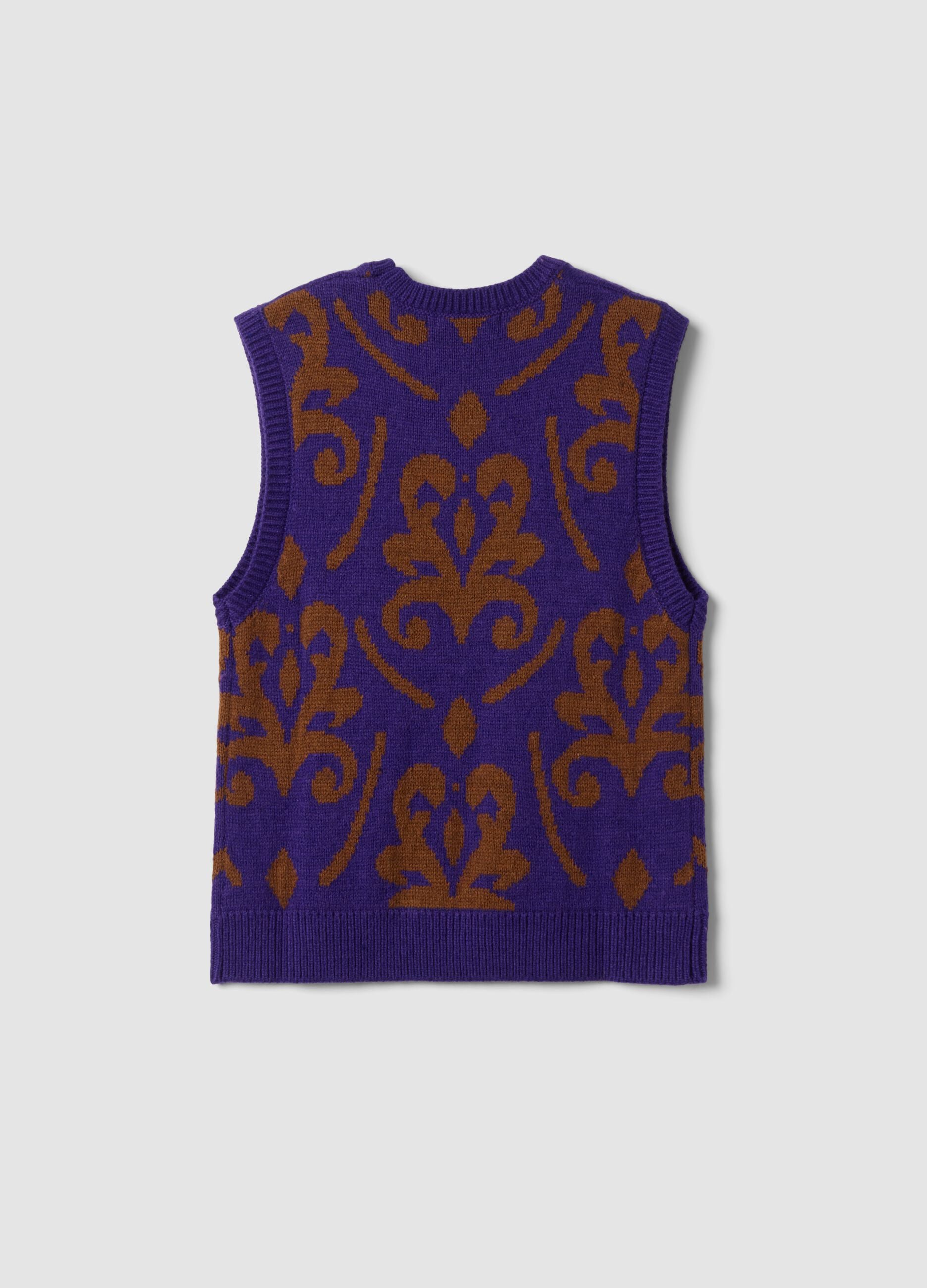Purple and brown crew-neck wool-blend gilet