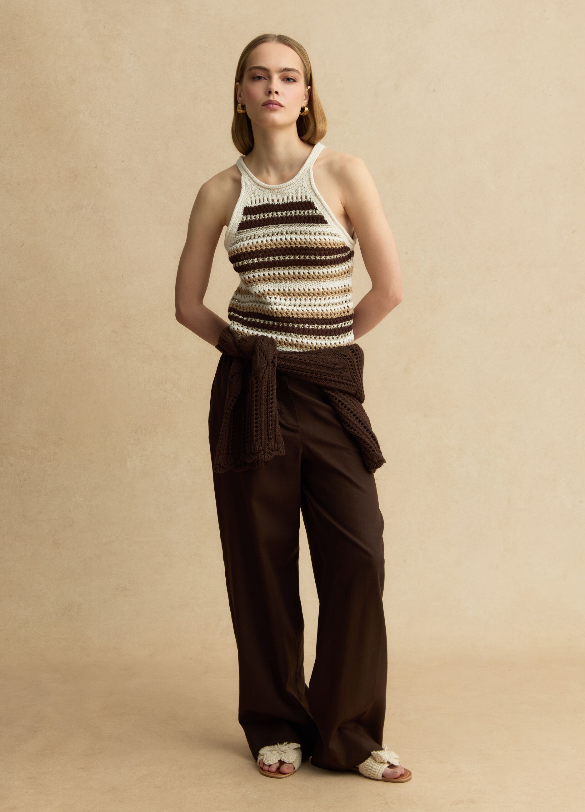 Brown wide leg linen blend trousers