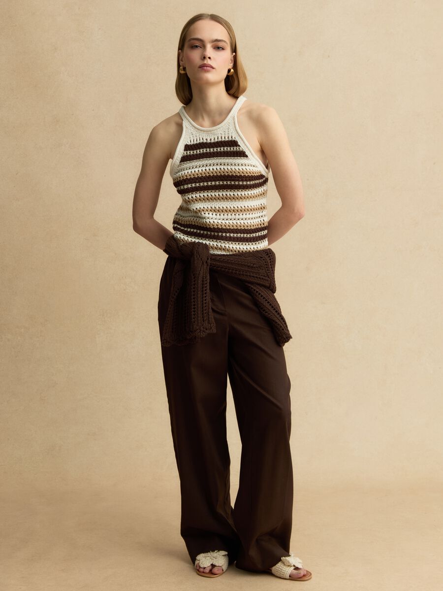 Pantaloni in misto lino e viscosa marroni wide leg_0