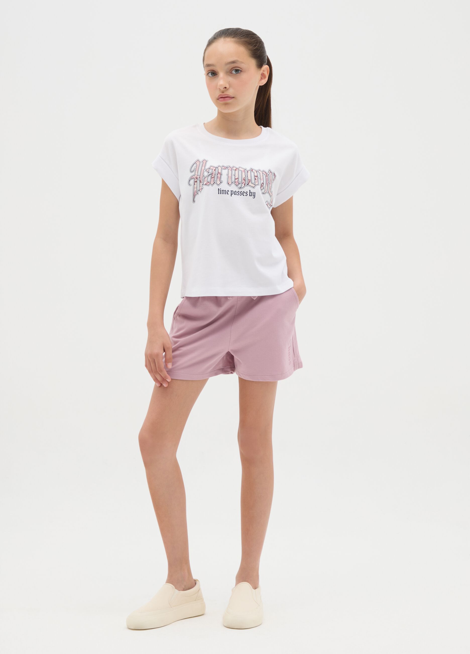 White and pink jogging set in cotton with print