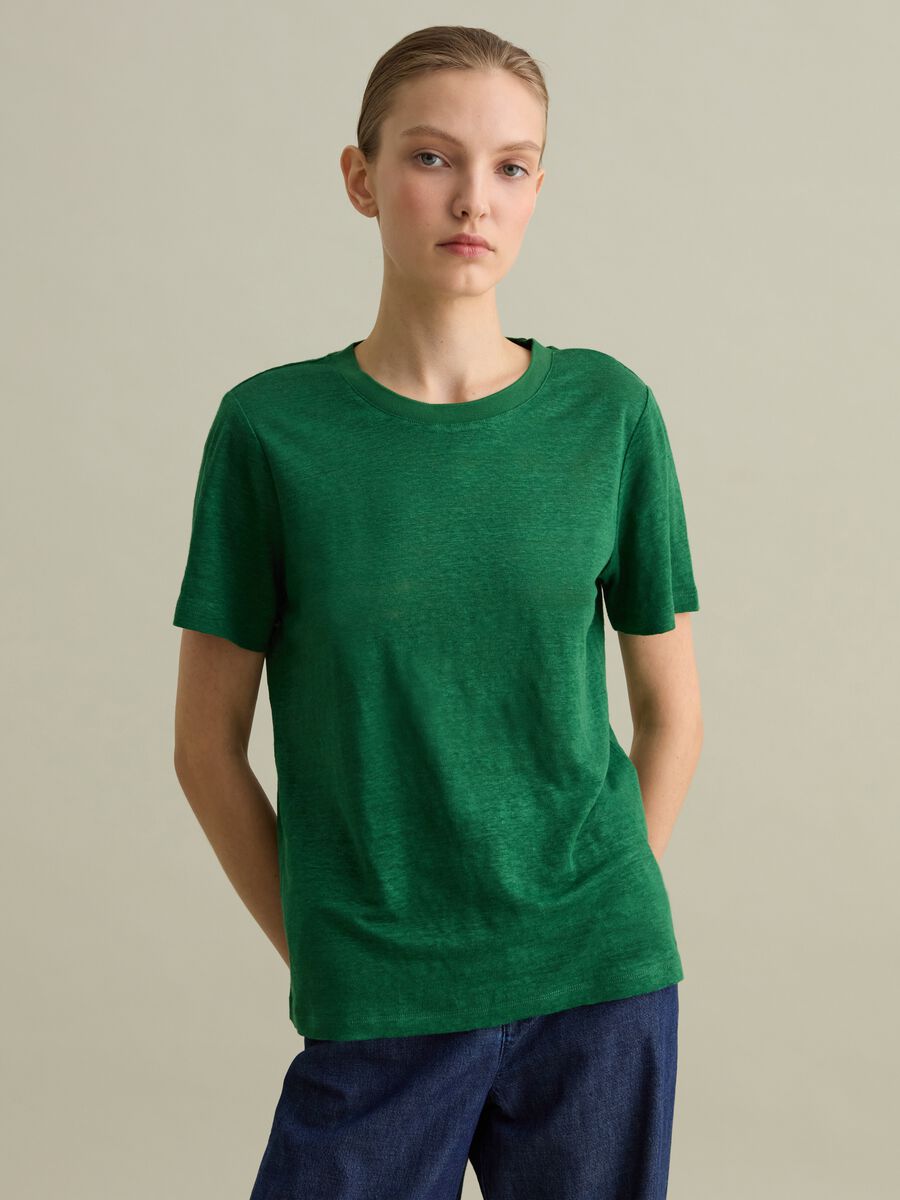 Short-sleeved T-shirt in green linen_0