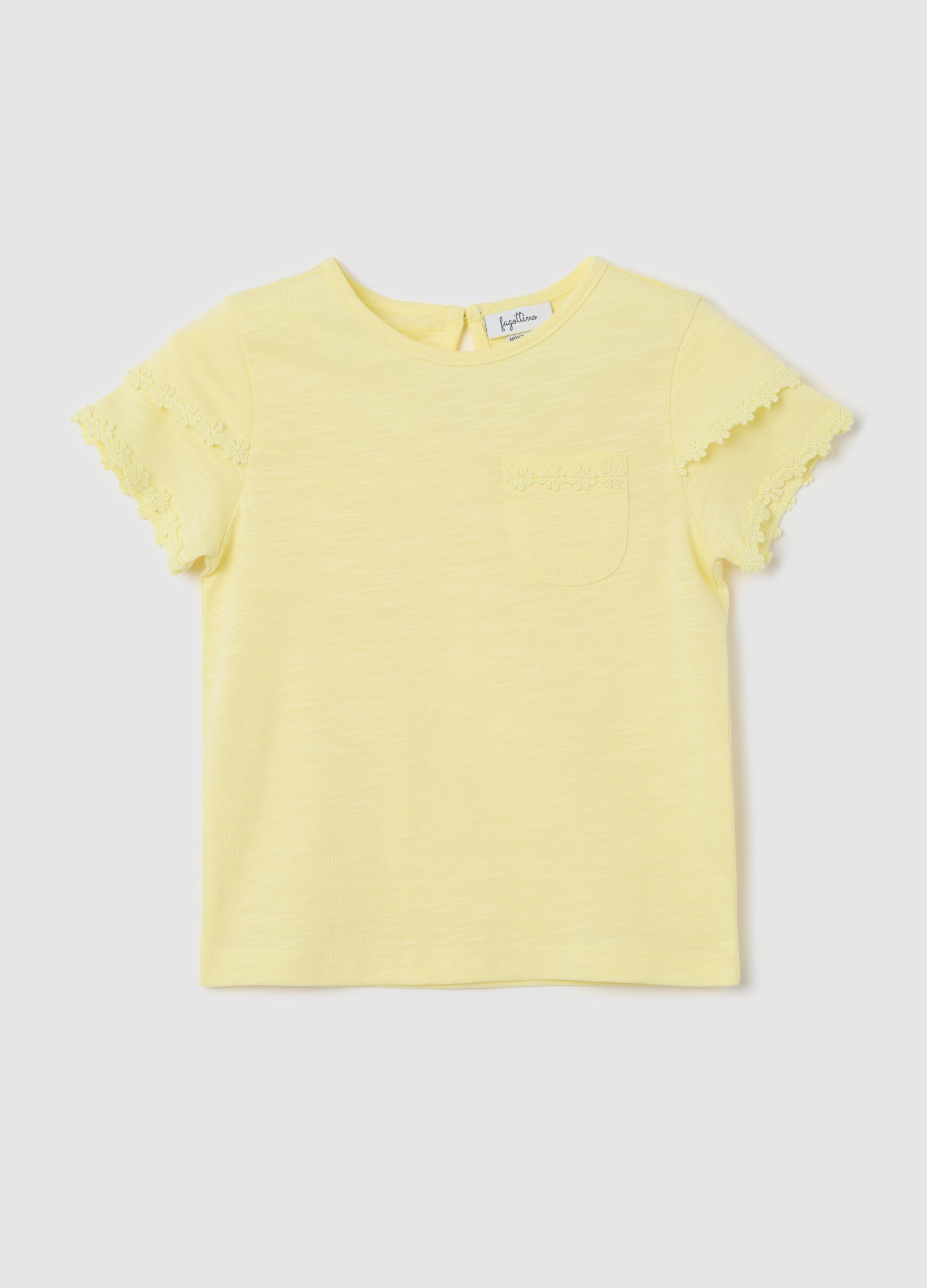 Yellow cotton T-shirt with crochet flowers