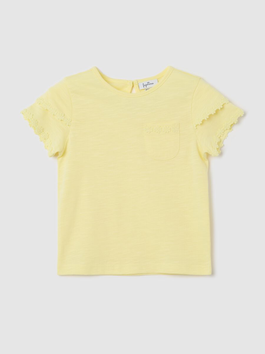 Yellow cotton T-shirt with crochet flowers_0