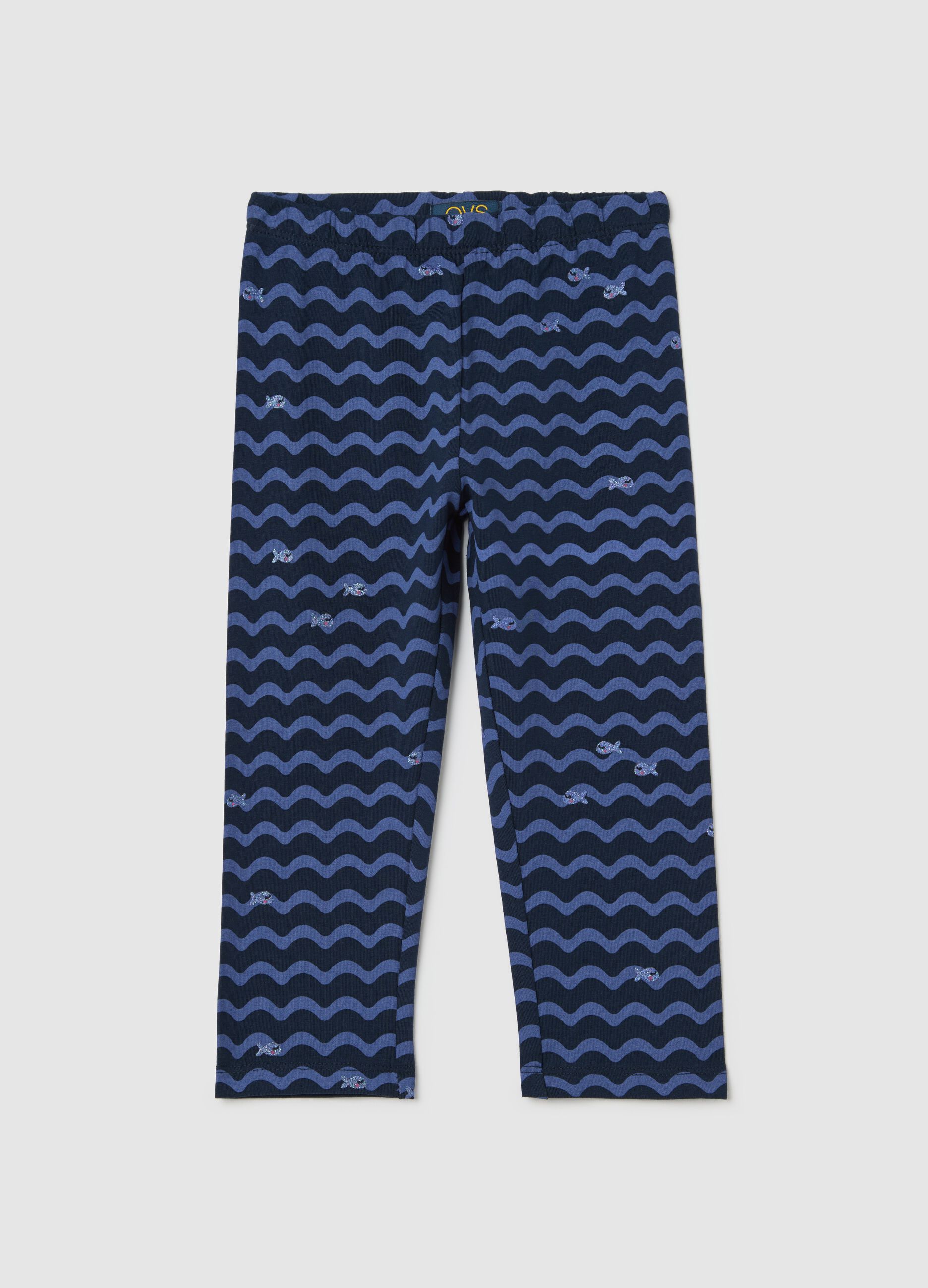 Blue three-quarter leggings in stretch cotton with print