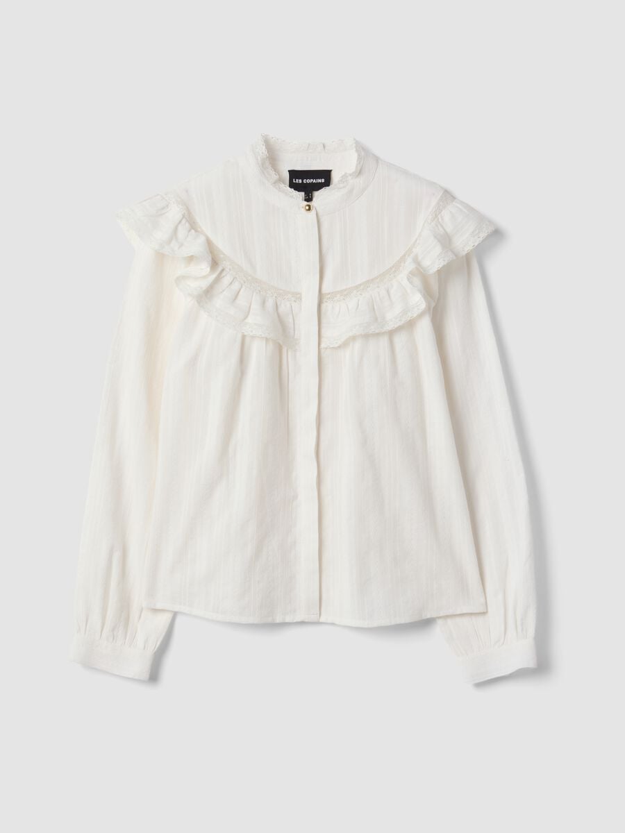 White pure cotton shirt with Mandarin collar and ruffles_4