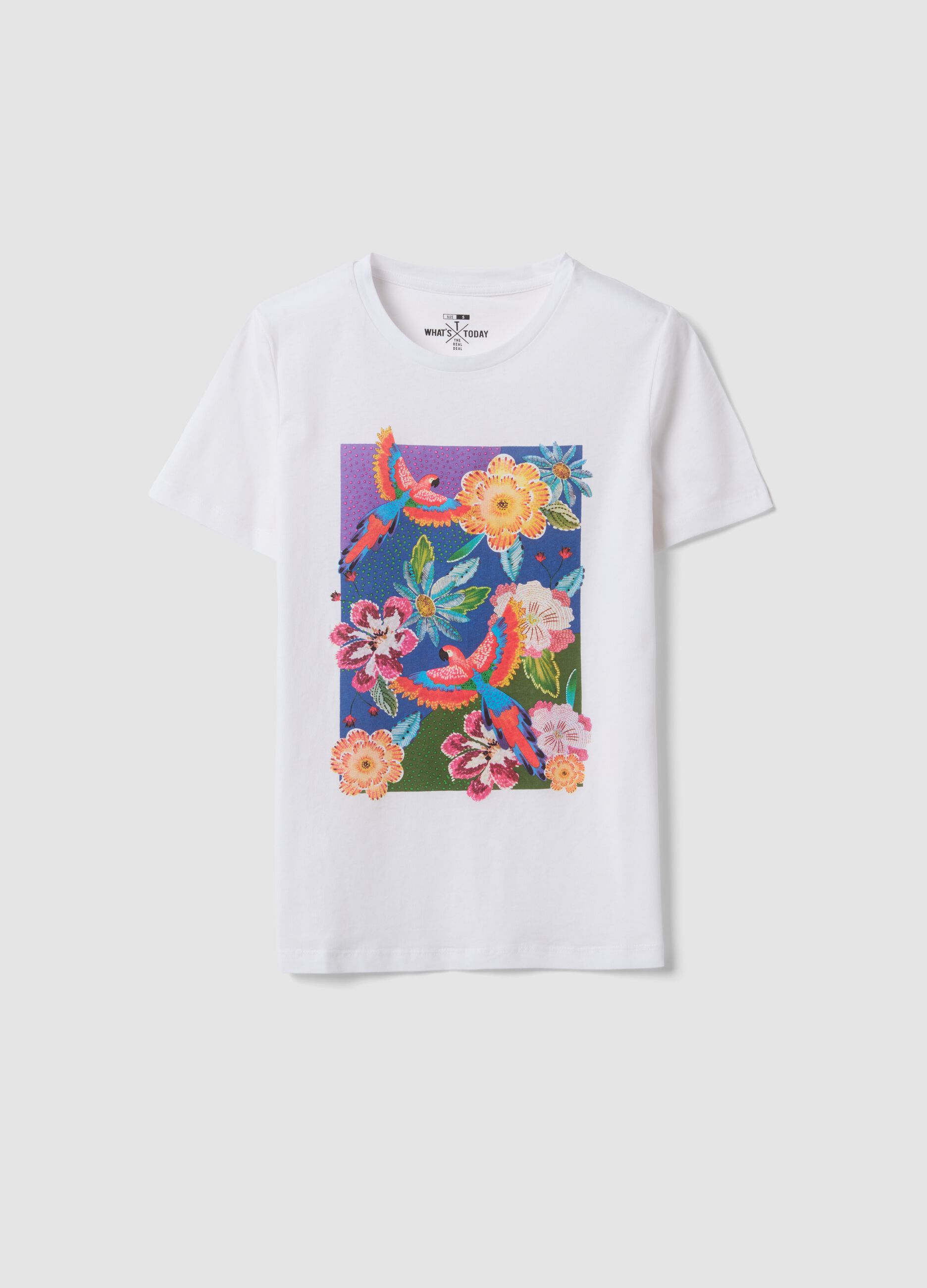 White pure cotton T-shirt with floral print