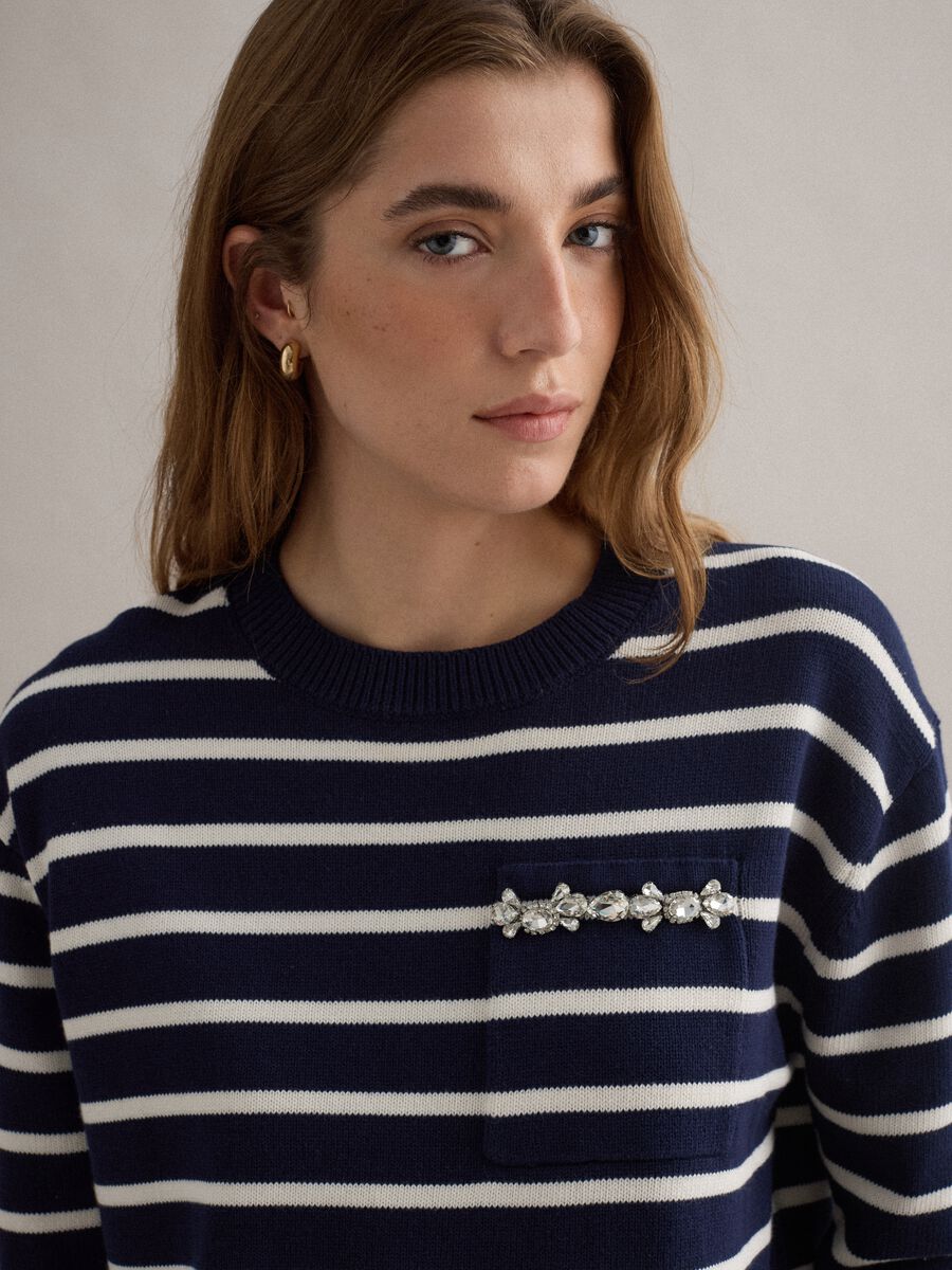 Blue jumper with white stripes in pure cotton regular fit_1