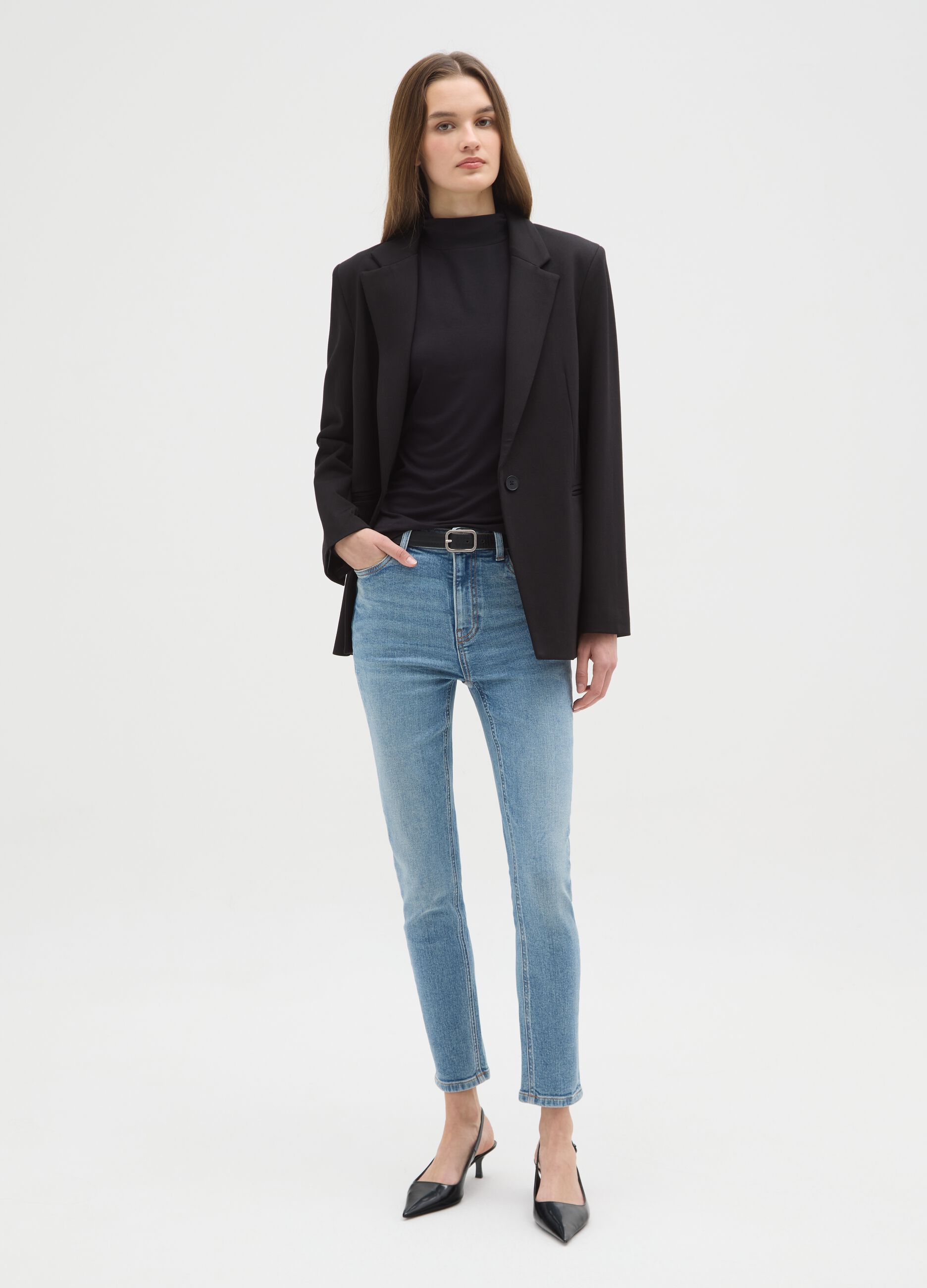 High-waisted blue skinny jeans in stretch cotton