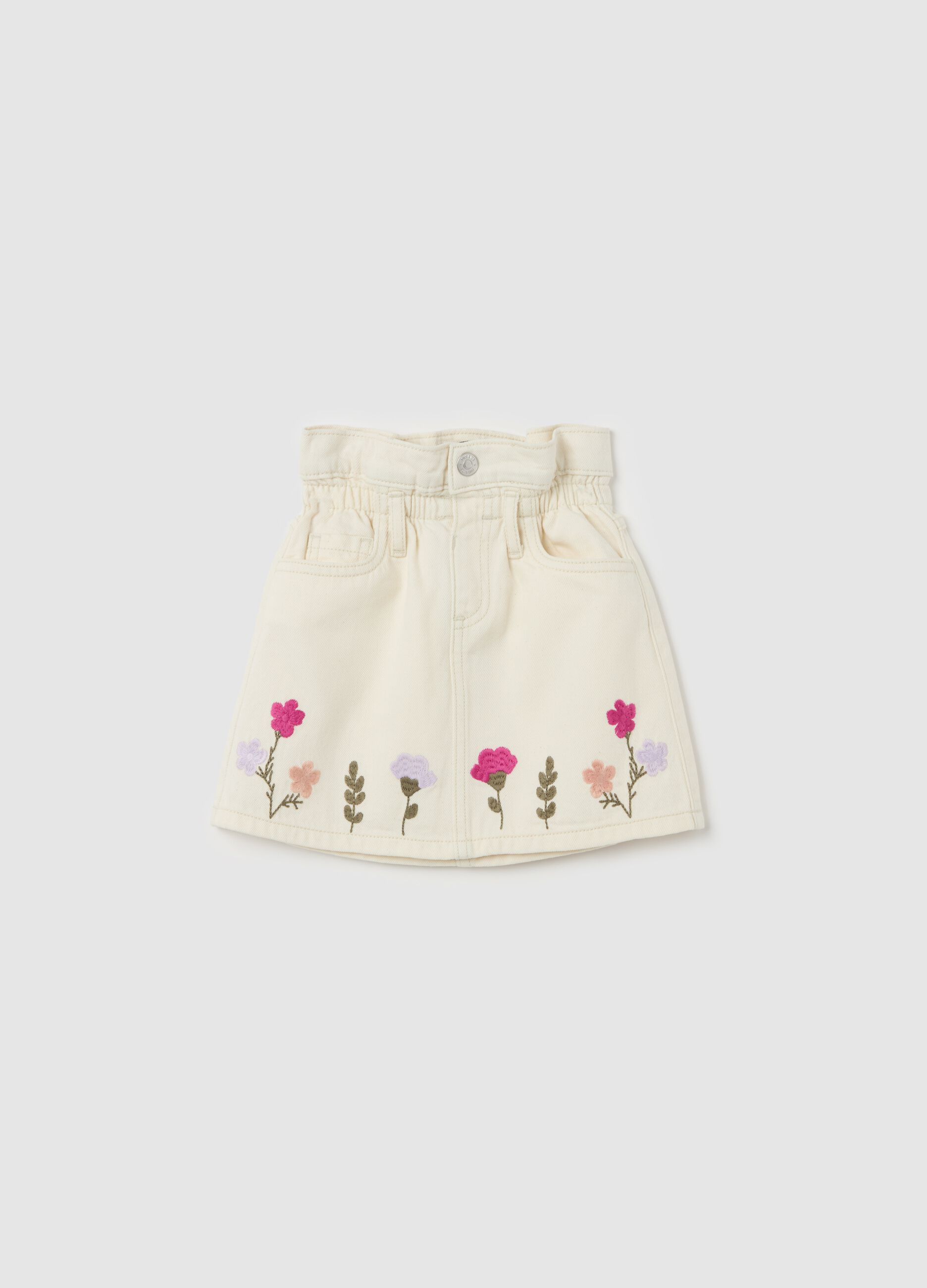 Paper bag skirt in drill with flowers embroidery