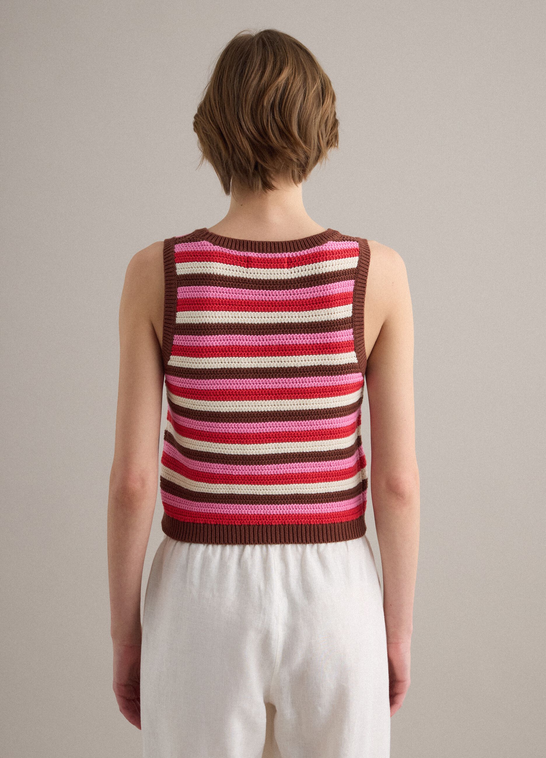 Fitted pure cotton knitted gilet with multicolour stripes