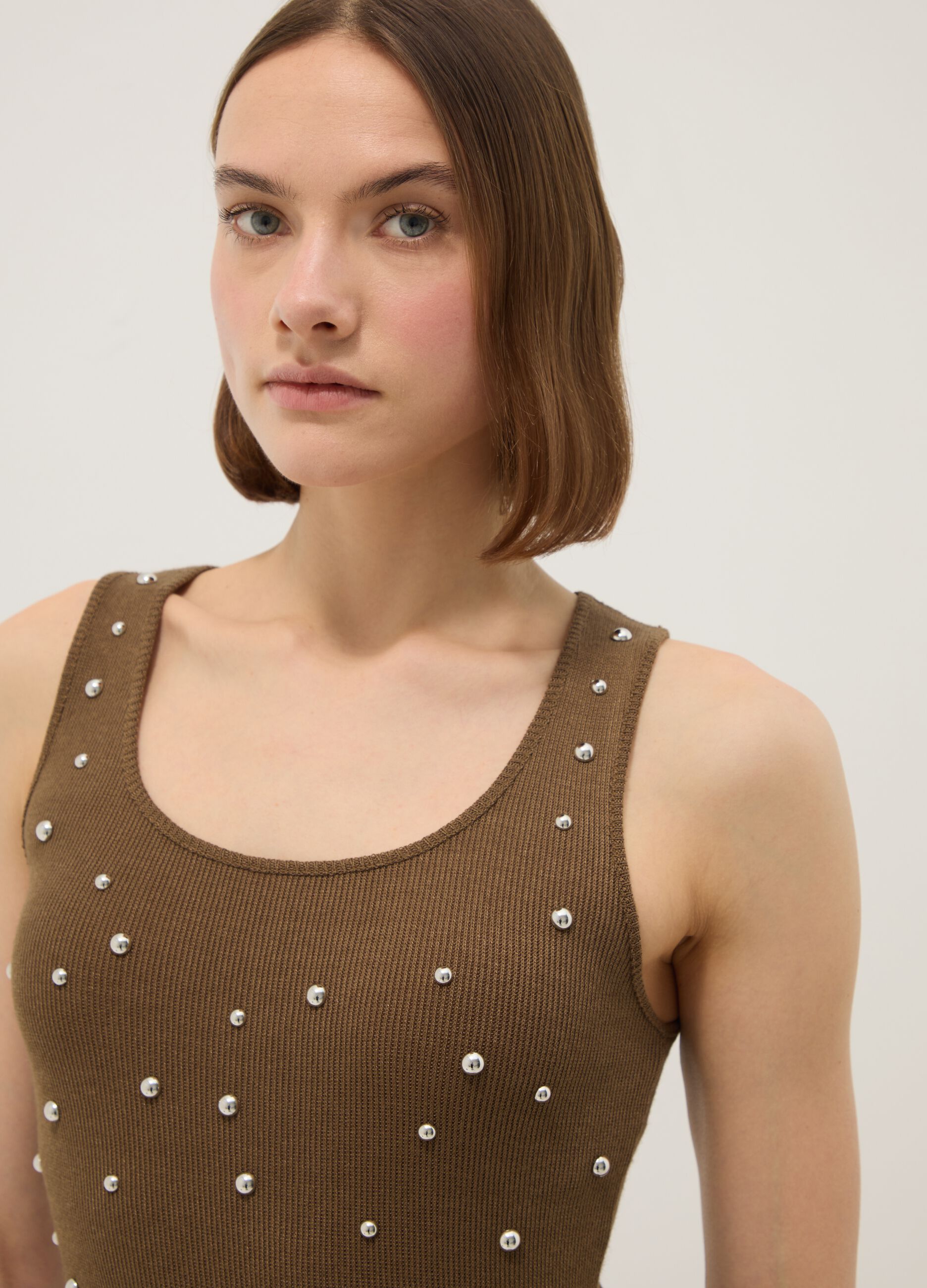 Brown regular fit tank top with metal embellishments