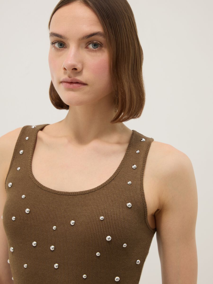 Brown regular fit tank top with metal embellishments_0